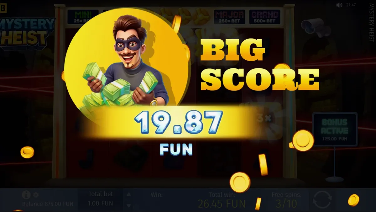 Cena de jogo do slot Mystery Heist com tema de assalto a cofre