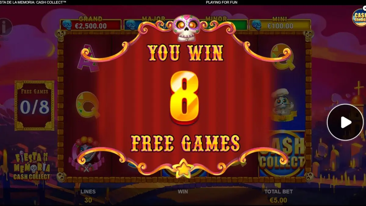 Interface vibrante do jogo Fiesta de la Memoria Cash Collect com elementos de neon e caveiras mexicanas